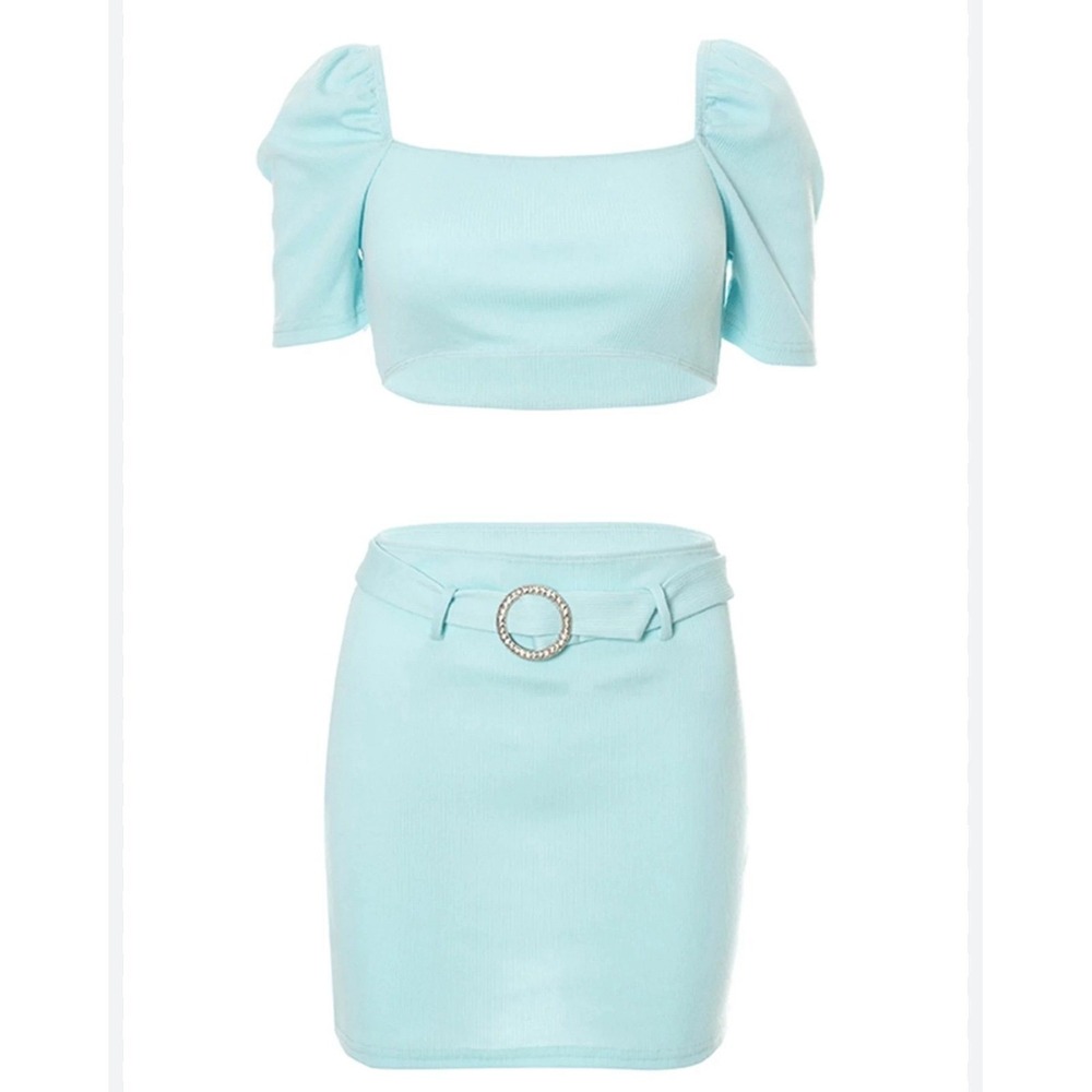 Fashion Nova Two Piece Ribbed Set Blue Turquoise Size Small Rare Jewel Skirt Set